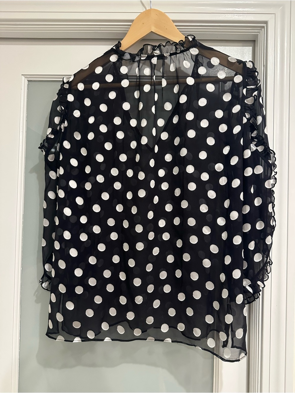 Alice + Olivia Black and White Polka Dot Ruffle Blouse